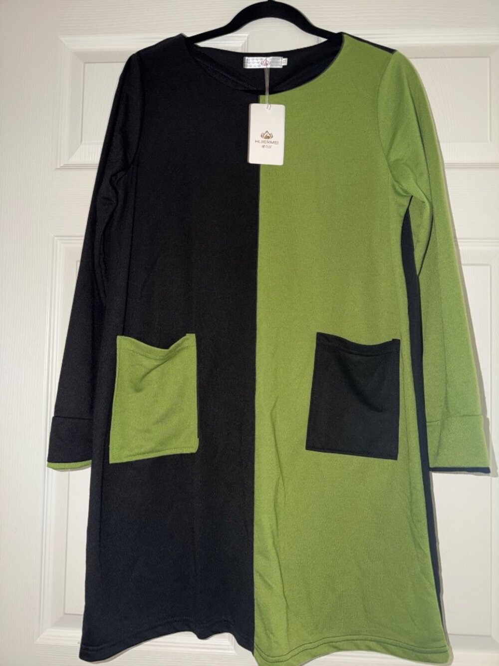Two-Tone Black & Green Long Sleeve Dress With Pockets XL